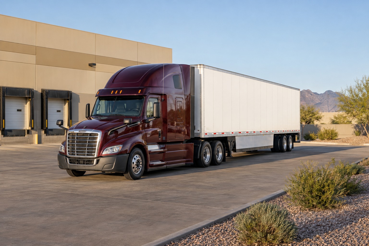 Illustrative burgundy freight truck parked beside a warehouse in an Arizona desert setting