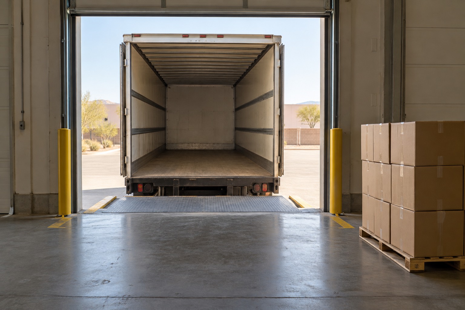 Illustrative warehouse loading bay with a parked truck and boxed pallet awaiting handling