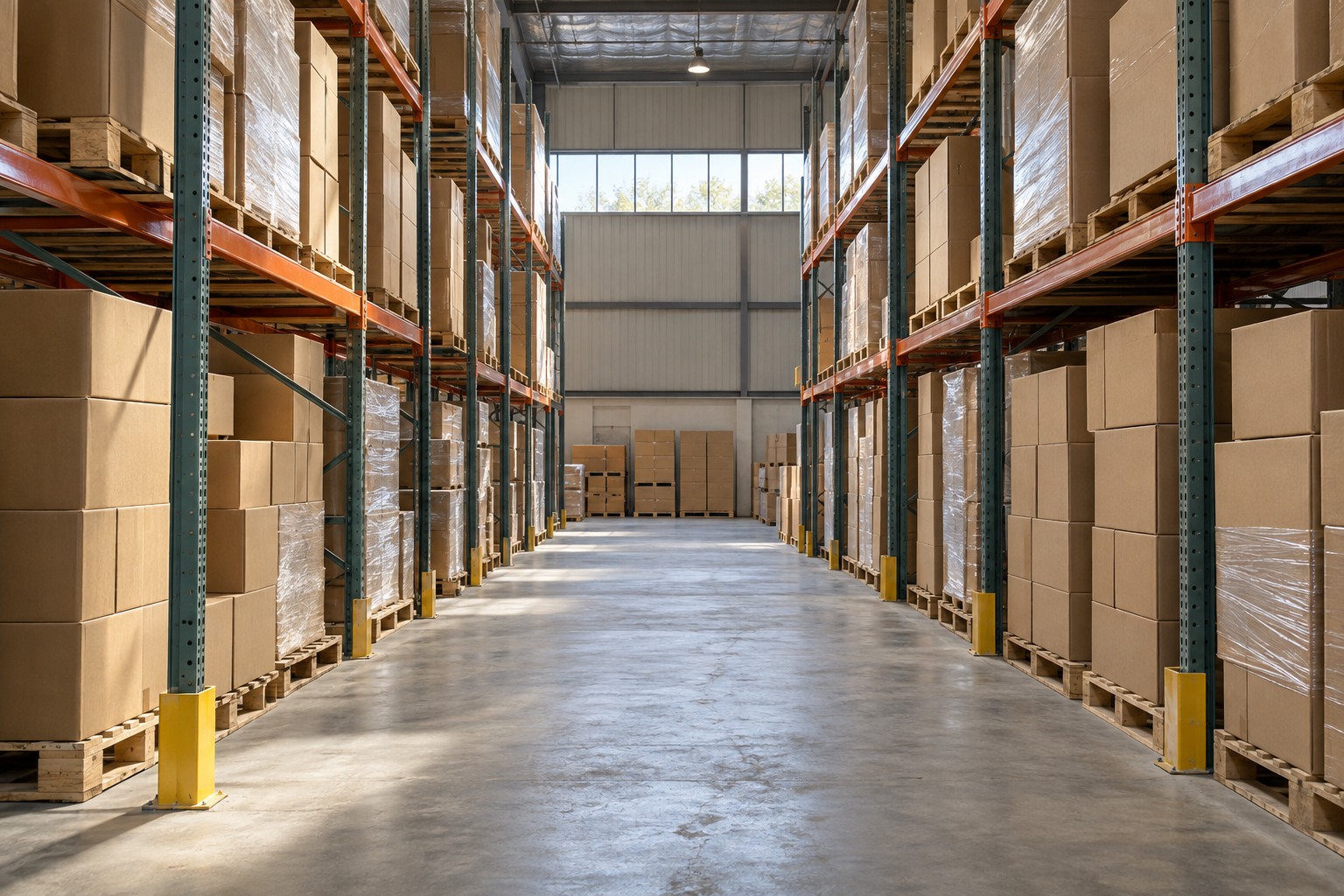 Illustrative warehouse aisle with racks of plain cartons and palletized goods