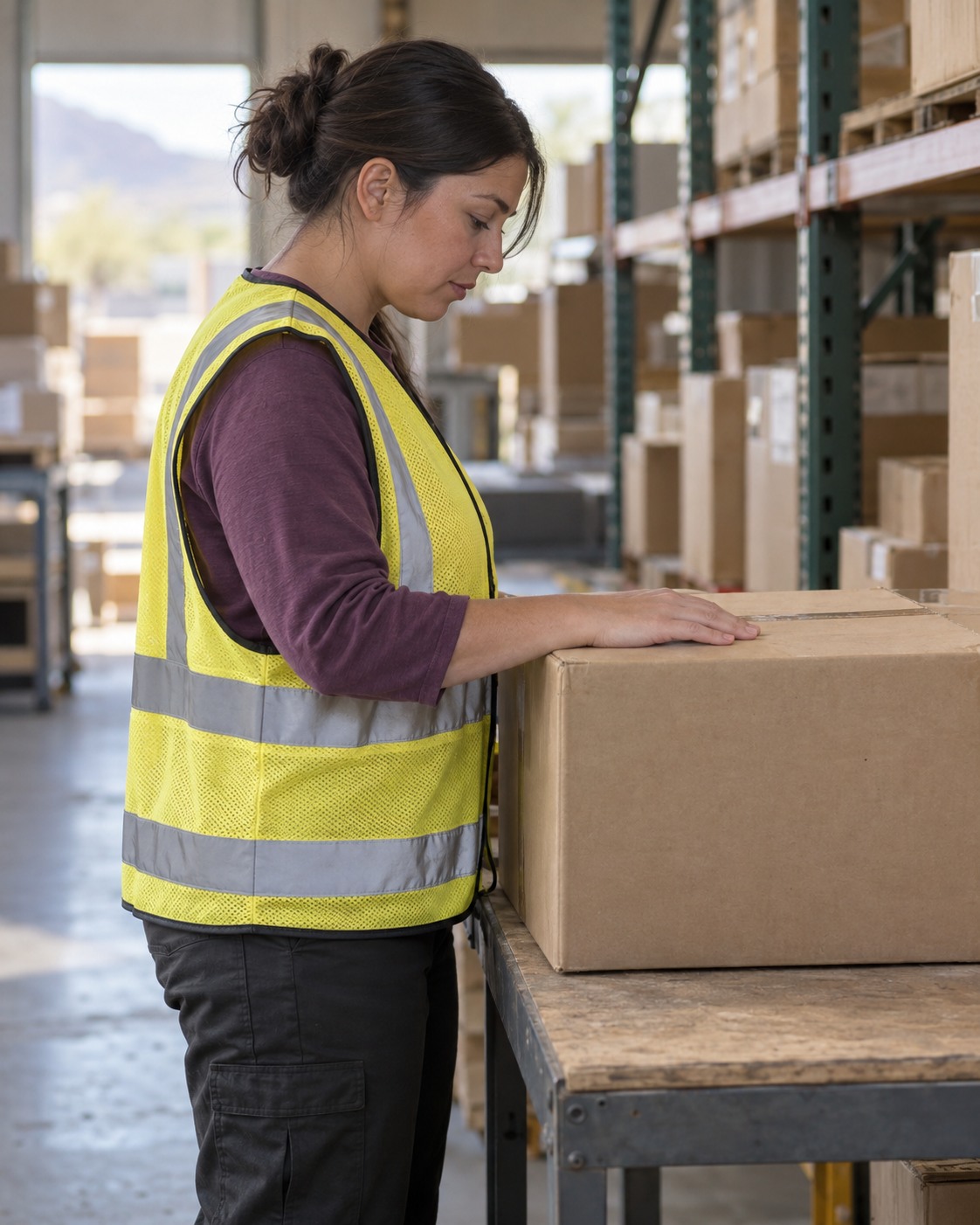 Illustrative female warehouse worker in a mustard high-visibility vest inspecting a carton
